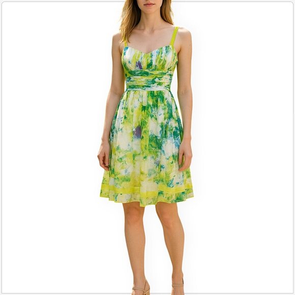 Tahari Arthur S. Levine Colorful Silk Watercolor Pattern Empire Waist Dress 10 - Picture 1 of 5